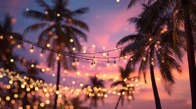 A dreamy tropical sunset scene with golden string lights glowing softly against the silhouette of swaying palm trees, creating a magical bokeh effect.