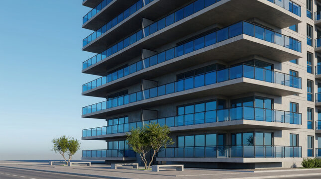 Modern high rise residential building exterior architecture with balconies and glass windows