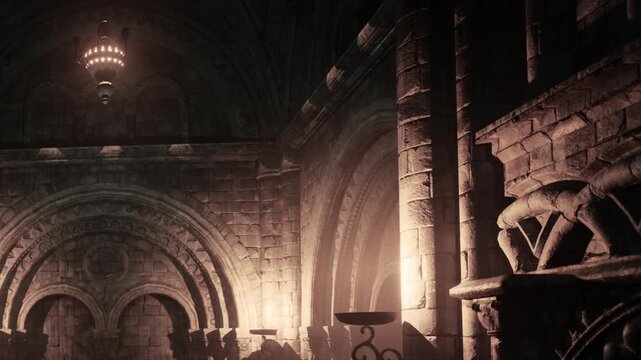 Inside a historical building, stone archways and columns are visible. Soft light illuminates the walls and highlights the textures of the stones. The setting suggests an ancient time.