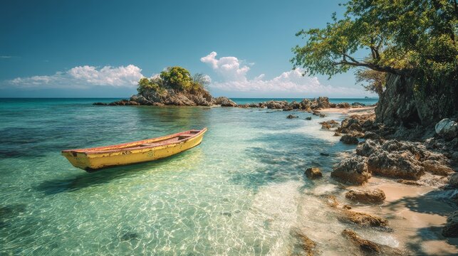 Vibrant summer getaway with a picturesque tropical coastline, a small fishing boat floating near the shore, and an inviting, sunlit ocean.