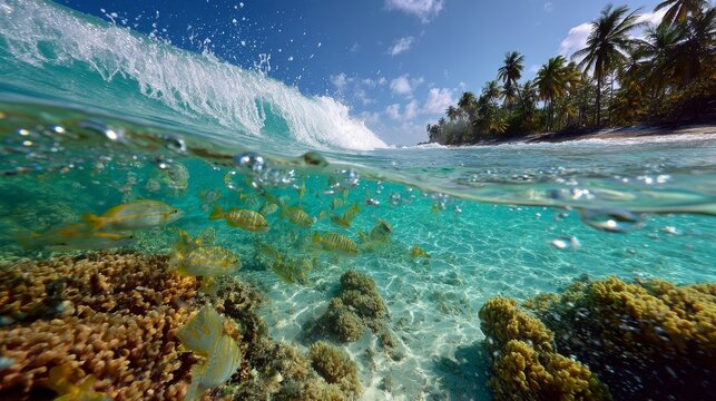 Dynamic split-shot of a tropical coastline, with turquoise waves crashing against the shore above and a school of exotic fish swimming through vibrant coral below.