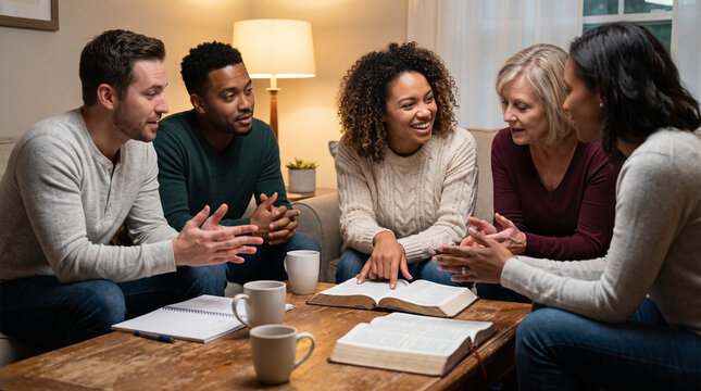Diverse adults sharing scripture during inclusive community Bible study