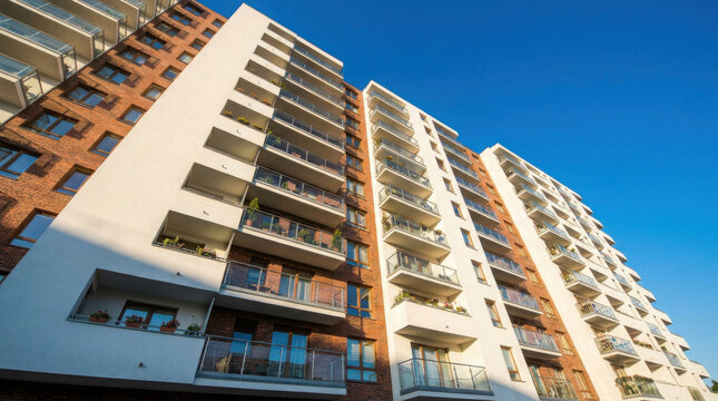 Modern apartment building with balconies against a clear blue sky in an urban architectural setting