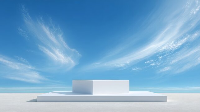 Minimalist white podium floating against a vast sky-blue background with soft, wispy clouds, creating a serene and airy presentation scene.