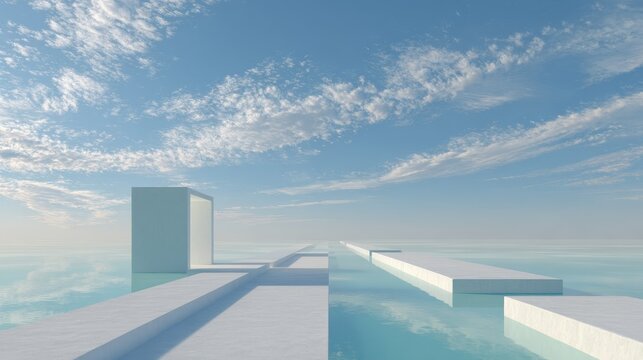 Futuristic white platform surrounded by an open, infinite horizon, with gentle cloud formations casting subtle shadows on a tranquil sky-blue gradient.