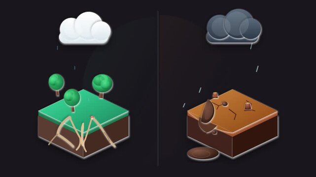 Isometric comparison animation showing healthy green forest ecosystem versus degraded barren land
