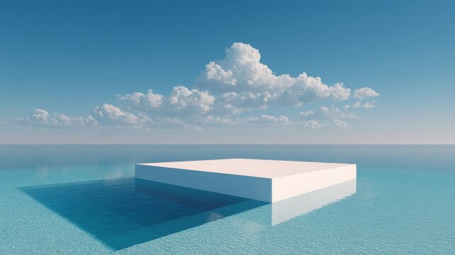 Futuristic white platform surrounded by an open, infinite horizon, with gentle cloud formations casting subtle shadows on a tranquil sky-blue gradient.