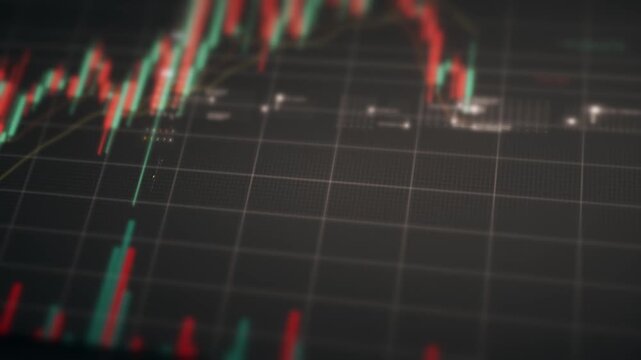 Abstract digital stock market trading chart with glowing candlesticks and data visualizations motion graphic.