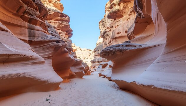 Narrow sandstone canyon with smooth rock walls and blue sky