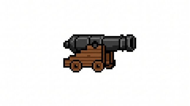 8-bit pixel art of a heavy black iron pirate ship cannon weapon game asset isolated on white.