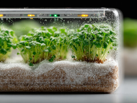 Microgreen sprouts growing in sand glass container sustainable farm