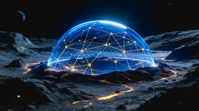 A futuristic enclosed lunar outpost with a glowing blue dome and interconnected network, set on the moon's rugged surface.