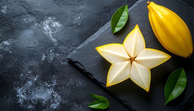 Sliced star fruit and whole yellow fruit on dark slate background