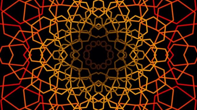 Abstract neon hexagon wireframe mandala kaleidoscope moving background loop