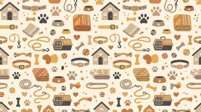 Seamless pattern with cute dog accessories and pet care supplies icons
