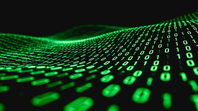 Glowing green binary numbers form a wavy digital data structure, representing information technology and data networks.