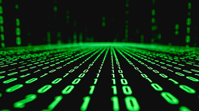 A 3D rendered visual of glowing green binary code streaming across a dark digital plane, representing data and technology.