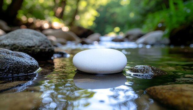 White stone in shallow river with rocks and greenery