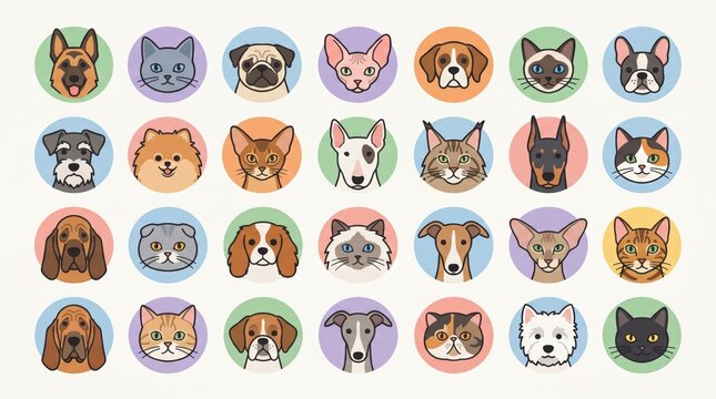 Set of cute dog and cat head icons in colorful circle frames