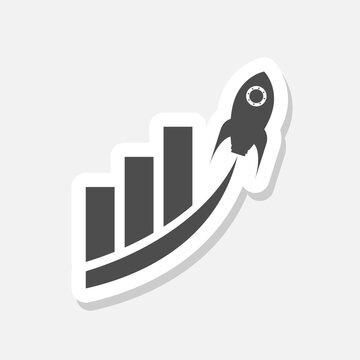 Business Graph with rocket going up sign icon sticker isolated on gray background