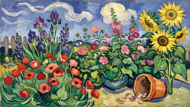 Impressionist style oil painting of a vibrant summer flower garden with sunflowers and irises
