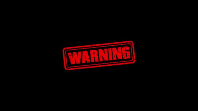 Warning rubber stamp animation. Warning Stamp textured bold text motion. Up to down stamp zooming and hit effect 4k video.