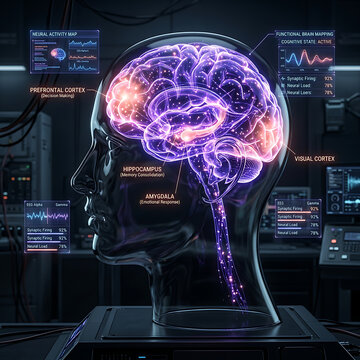 Human brain illuminated with neural activity data during cognitive processing within a futuristic laboratory setting