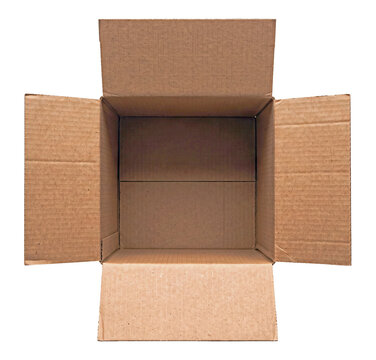 Open empty corrugated cardboard shipping box on transparent background, kraft parcel package for delivery, storage, moving, e-commerce orders, logistics, packaging, recyclable friendly container