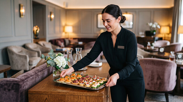Smiling waitress serving gourmet canapes on a tray in a luxury hotel lounge