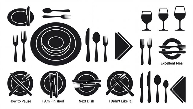 Dining etiquette cutlery icon set for table setting rules vector on white background