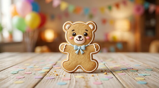 A cute teddy bear shaped gingerbread cookie on a wooden table with party decorations.
