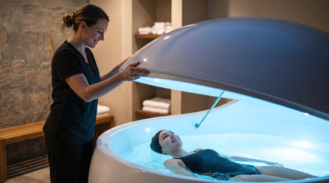 Spa assistant closing sensory deprivation float tank lid for relaxed woman