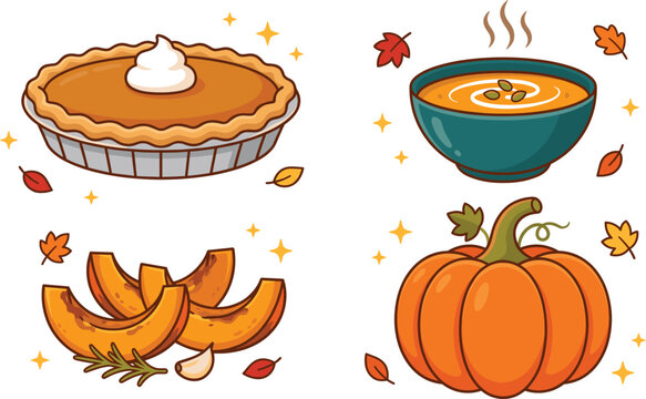 Autumn Pumpkin Food Vector Illustration Set with Pumpkin Pie Hot Soup Roasted Slices and Fresh Gourd for Thanksgiving Designs