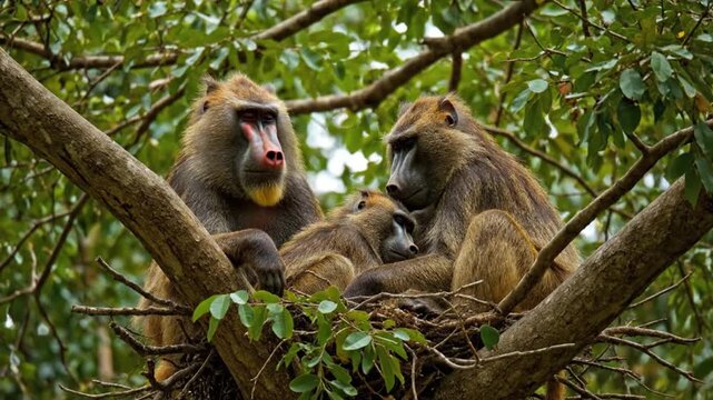 Three mandrills resting together on a tree branch in the forest