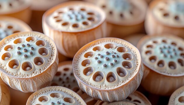 Close-up of lotus root slices with intricate patterns on wooden surface