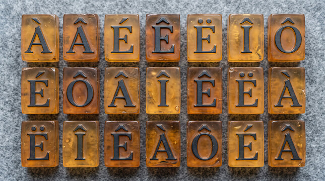 Close-up of vintage French letterpress blocks with accented characters, neatly arranged on a grey surface