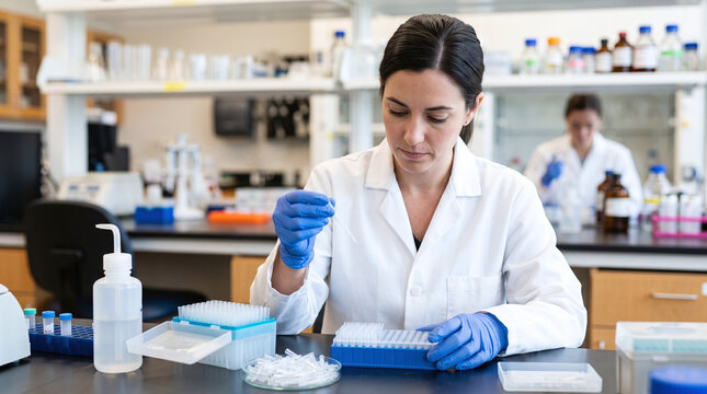 scientist working with pipette tips in a modern research laboratory