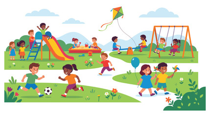 Fototapeta premium Diverse children playing together in vibrant outdoor playground.