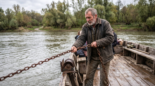 Senior ferryman manually pulling a wooden chain ferry across a calm river