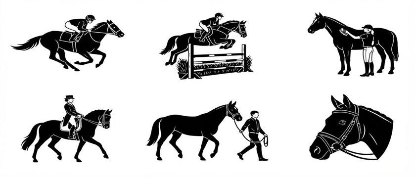 Equestrian horse silhouette collection showing racing jumping and riding vector art