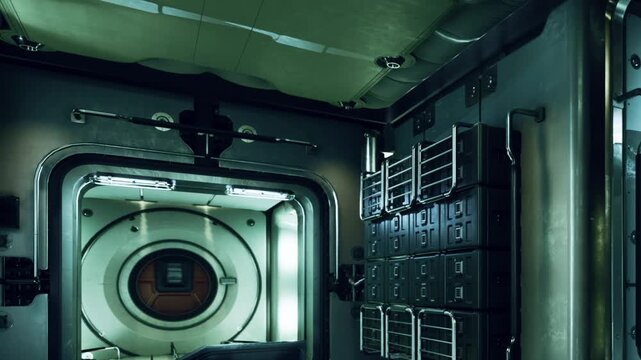 A person is inside a space station module. The module has metal walls and equipment. Light comes in through a round opening. Various items are organized on the walls.