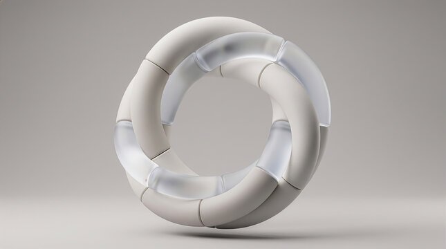 白と半透明ガラスが交差する幾何学的なリングの3D抽象背景イラスト。循環やパートナーシップ、持続可能性、イノベーションを表現したミニマルなコンセプトデザイン素材。