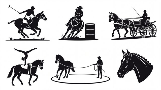 Equestrian sport horse silhouettes featuring polo vaulting and carriage vector isolated