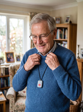 Smiling Senior Man Wearing an Emergency SOS Telecare Alarm Pendant at Home