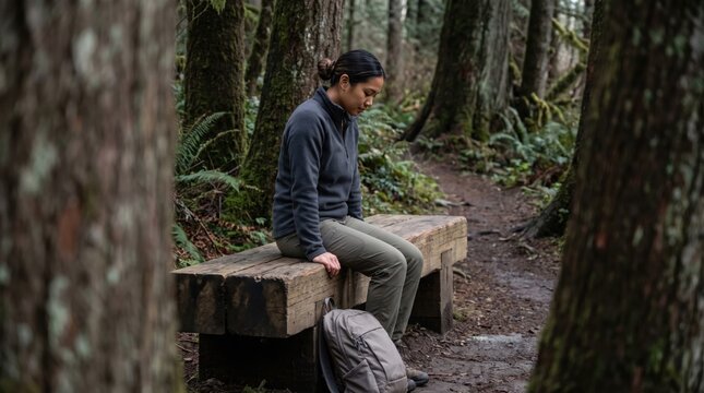 Thoughtful young Asian woman sits quietly on a rough plank seat beside a damp woodland path, resting near her backpack while mossy trunks and deep green ferns frame a subdued hiking pause in solitude
