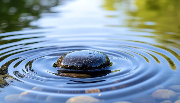 Rock creating ripples in calm water with green background
