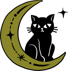 Black cat sitting on crescent moon Halloween illustration © Lucky Dew