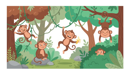 Naklejka premium Flat vector jungle illustration featuring cute playful monkeys swinging on vines and sitting among trees and tropical plants