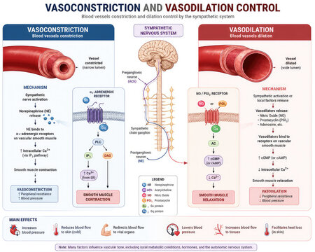 Vasoconstriction and Vasodilation Control Medical Infographic with Blood Vessel Mechanisms