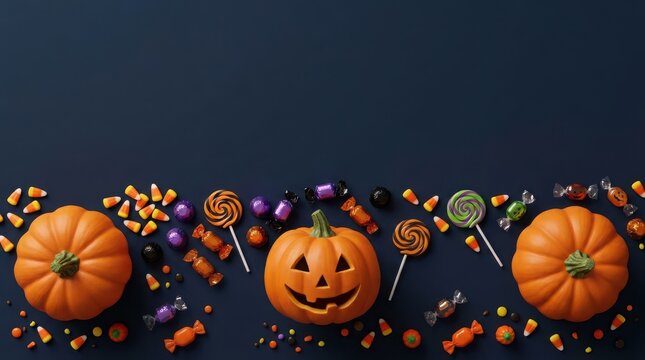 Halloween pumpkins with candy sticks and colorful confetti background illustration